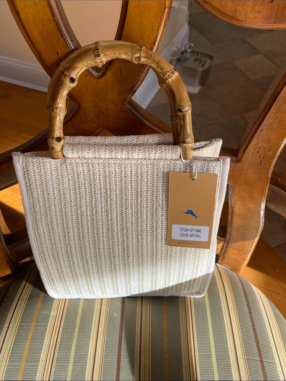 NWT TommyBahama Natural Knit Tote with Bamboo Handles and gold crossbody strap